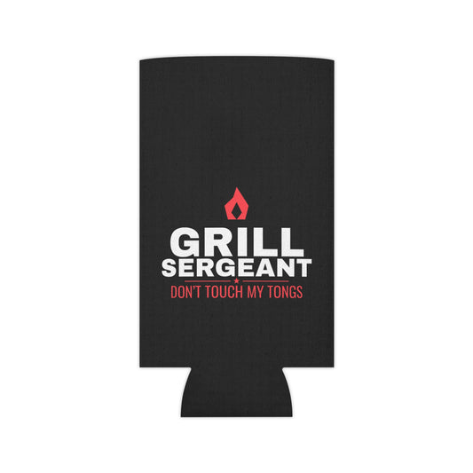 Black koozie front panel with red flame and 'DON'T TOUCH MY TONGS' text