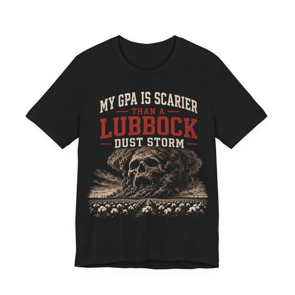 Black crewneck T-shirt with skull graphic and Lubbock Dust Storm text
