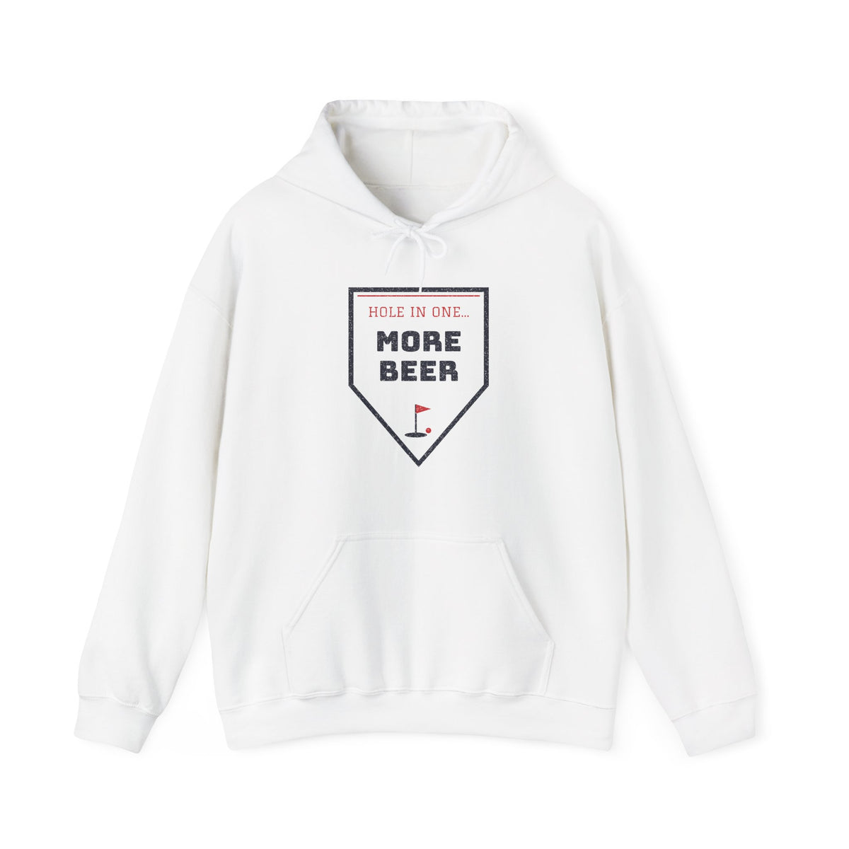 White hoodie with pocket and 'More Beer' graphic
