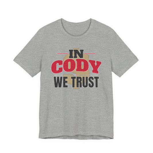 Athletic heather gray graphic T-shirt with large 'IN CODY' and 'WE TRUST' text