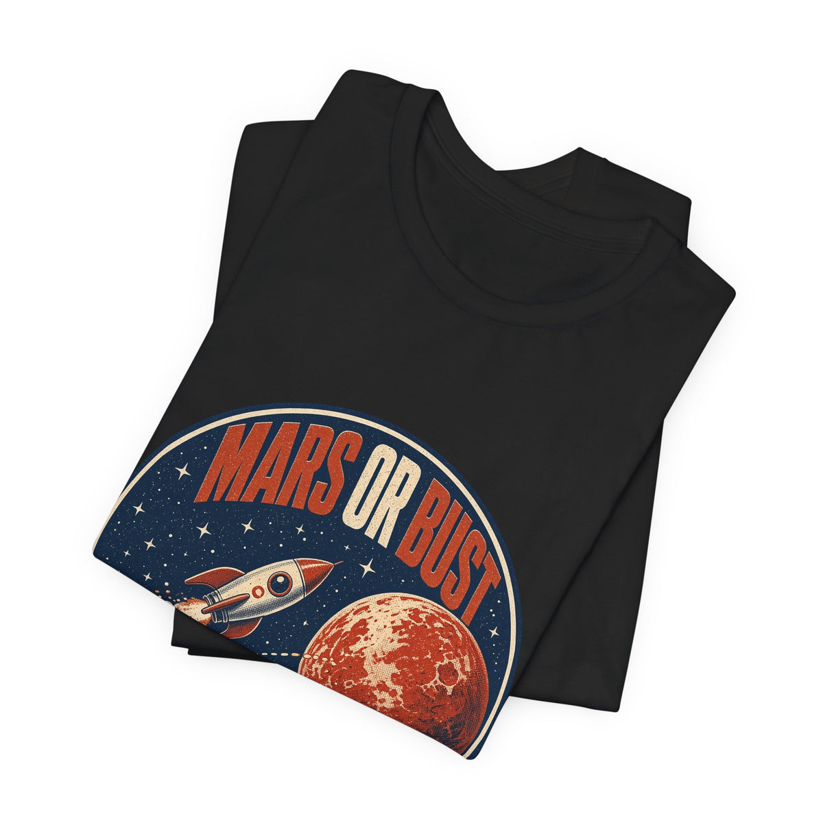 Black crewneck graphic T-shirt with Mars or Bust space logo print, folded stack