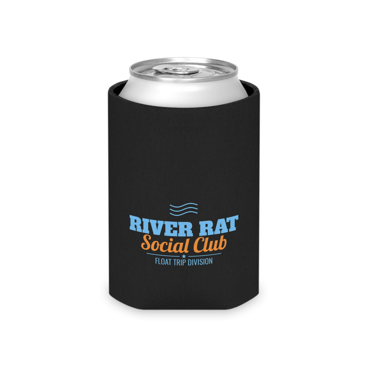 Black can koozie with River Rat Social Club multicolor logo; silver can top visible.