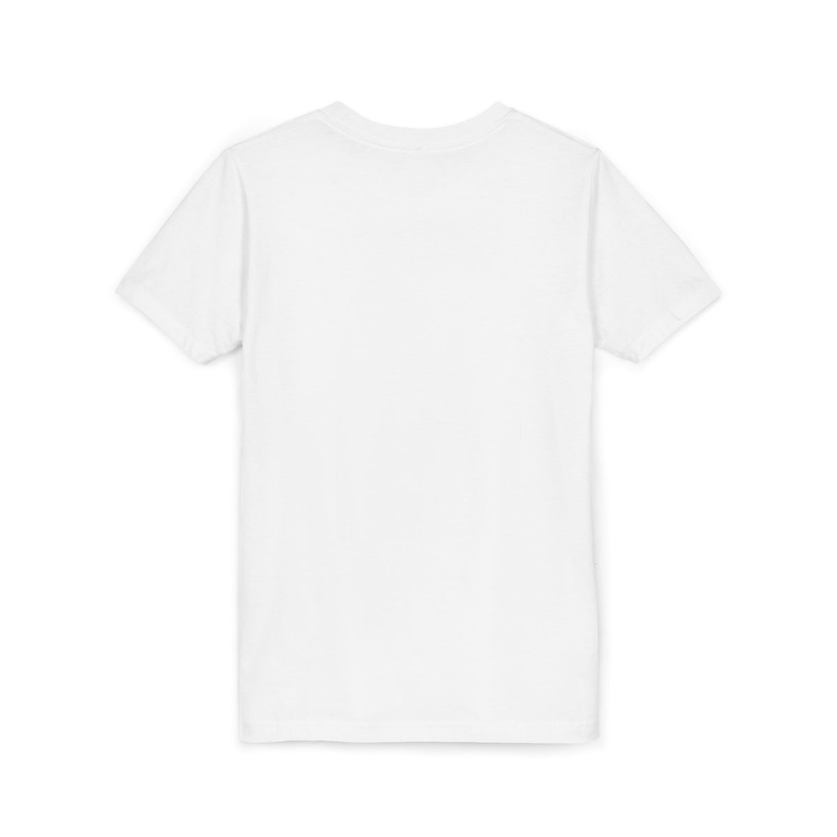 Kids blank white T-shirt back view with crew neck and short sleeves