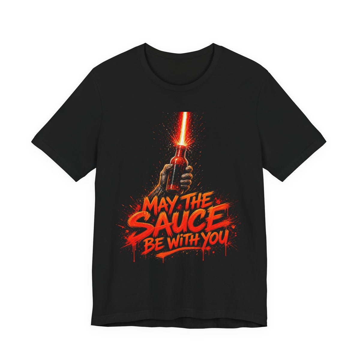 Black crewneck tee with fiery lightsaber hand and 'May the Sauce Be With You' print