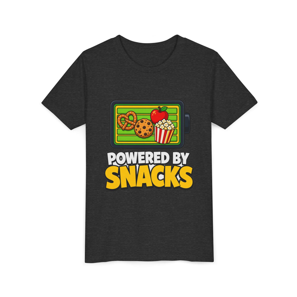 Dark gray kids T-shirt with snack-themed graphic and bold lettering on front
