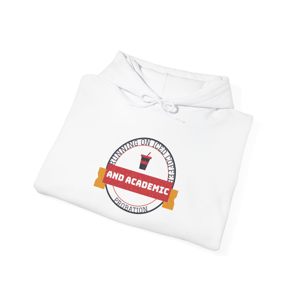 White hoodie with front circular graphic, pullover hood with drawstrings