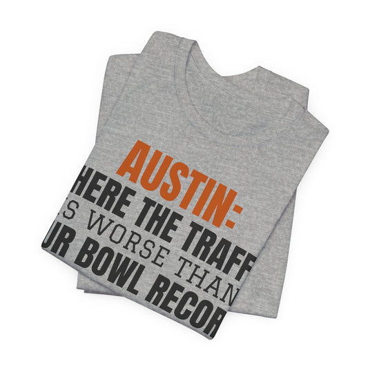 Athletic heather crewneck tee with large orange and black Austin text graphic