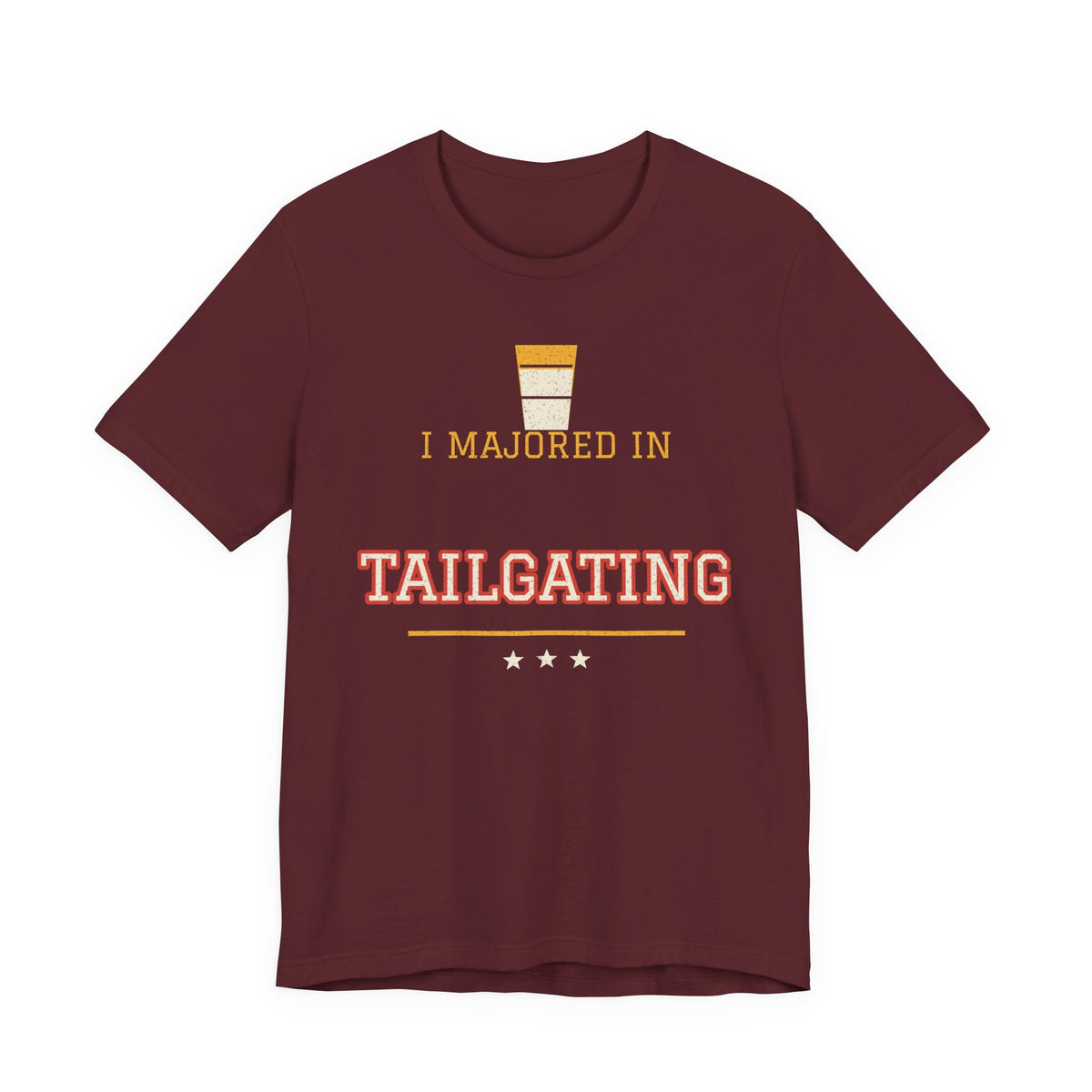 Maroon graphic T-shirt with “I majored in Tailgating” print