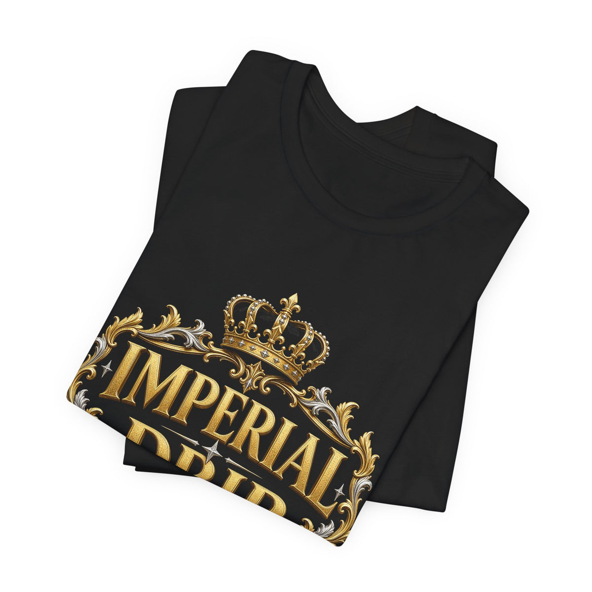 Black crewneck t-shirt folded, showing gold crown logo graphic on front