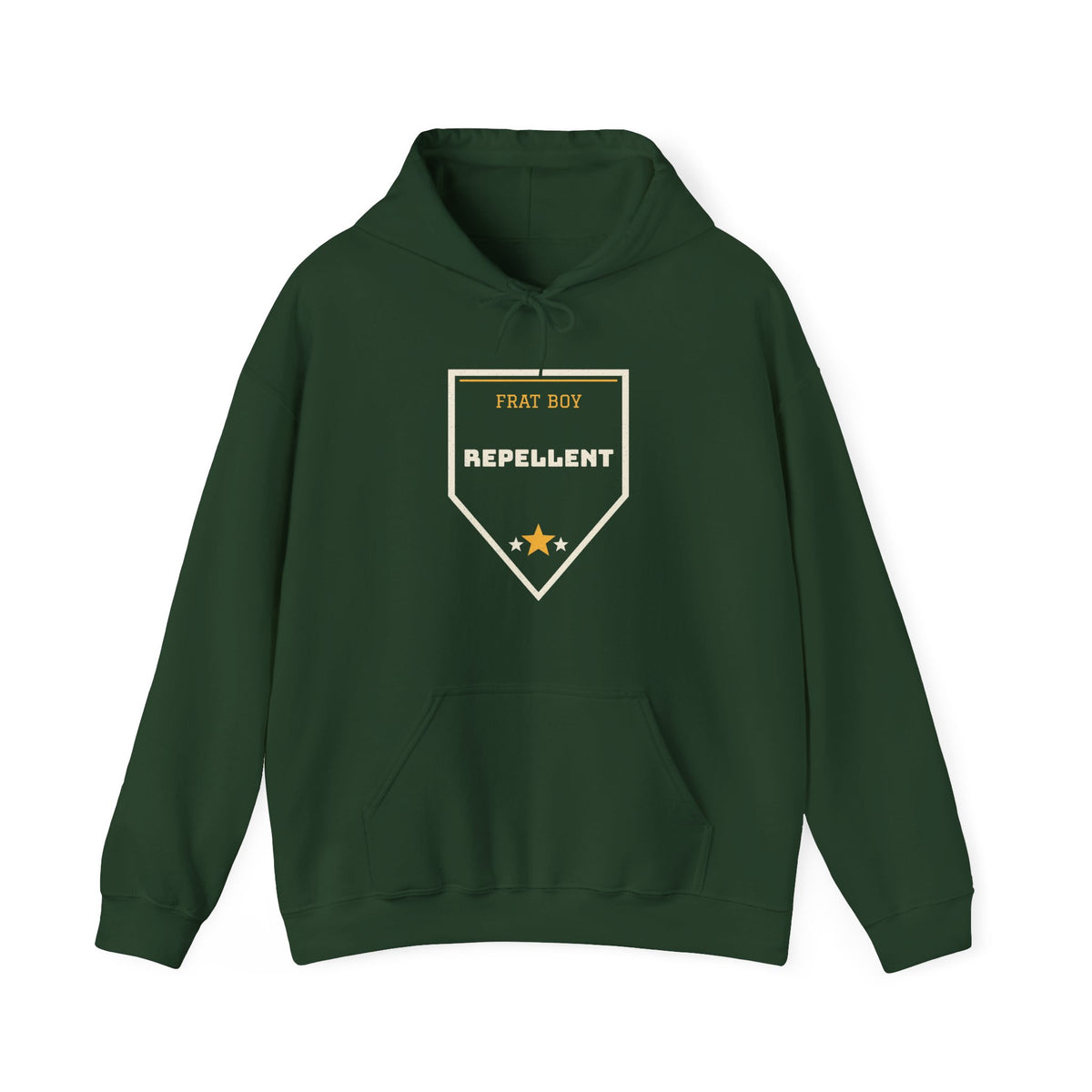 Forest green pullover hoodie with hood and front graphic badge, kangaroo pocket
