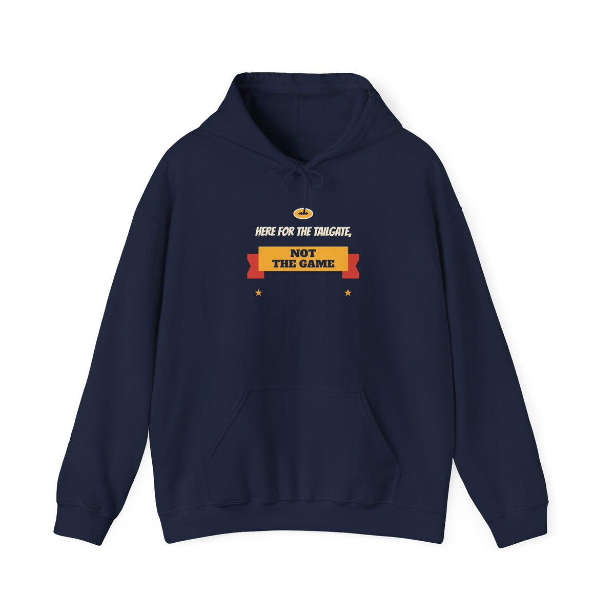 Navy pullover hoodie with drawstring hood and front kangaroo pocket