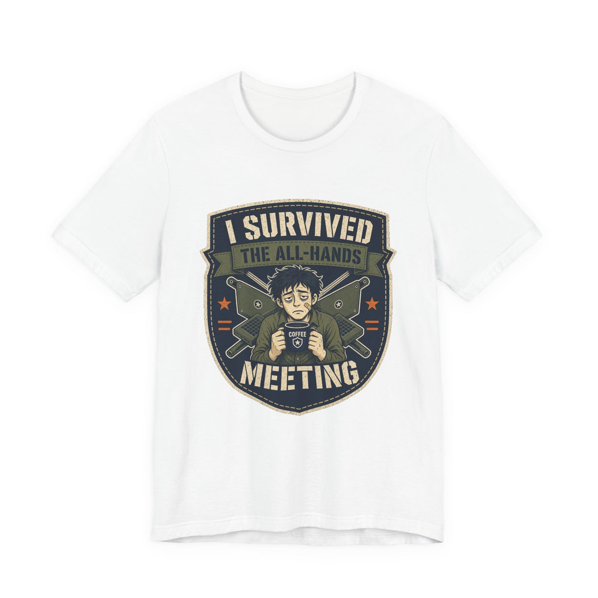 White crewneck T-shirt with colorful “I Survived” meeting shield graphic