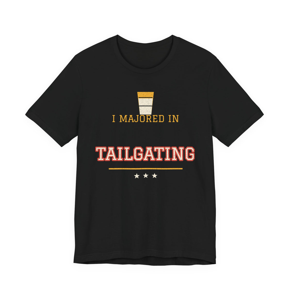 Black graphic T-shirt with “I majored in Tailgating” print