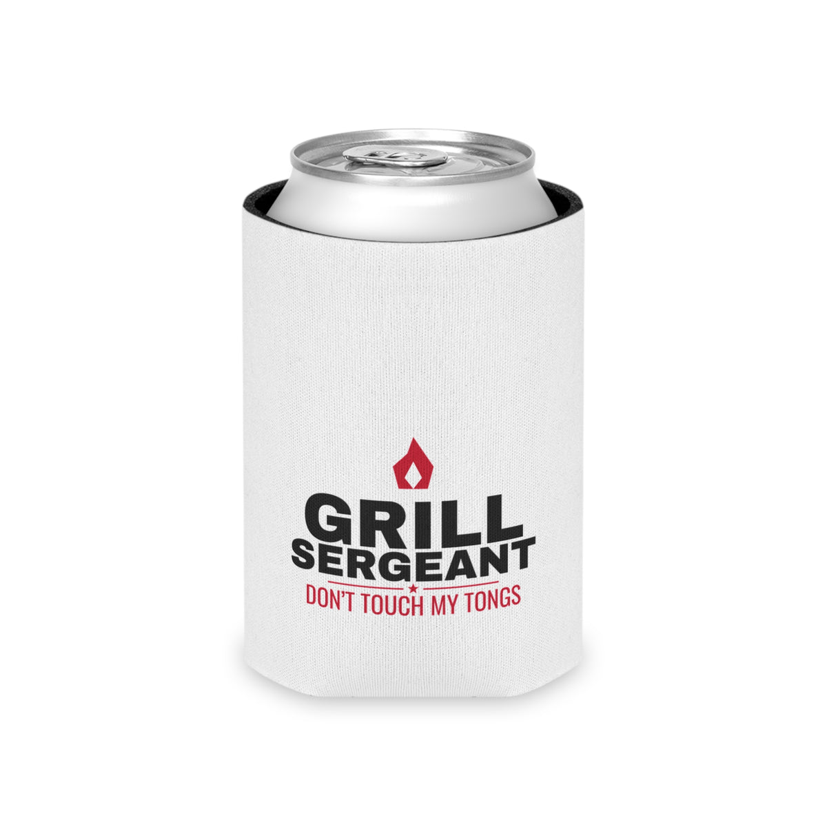 White can koozie with Grill Sergeant logo over a silver can top
