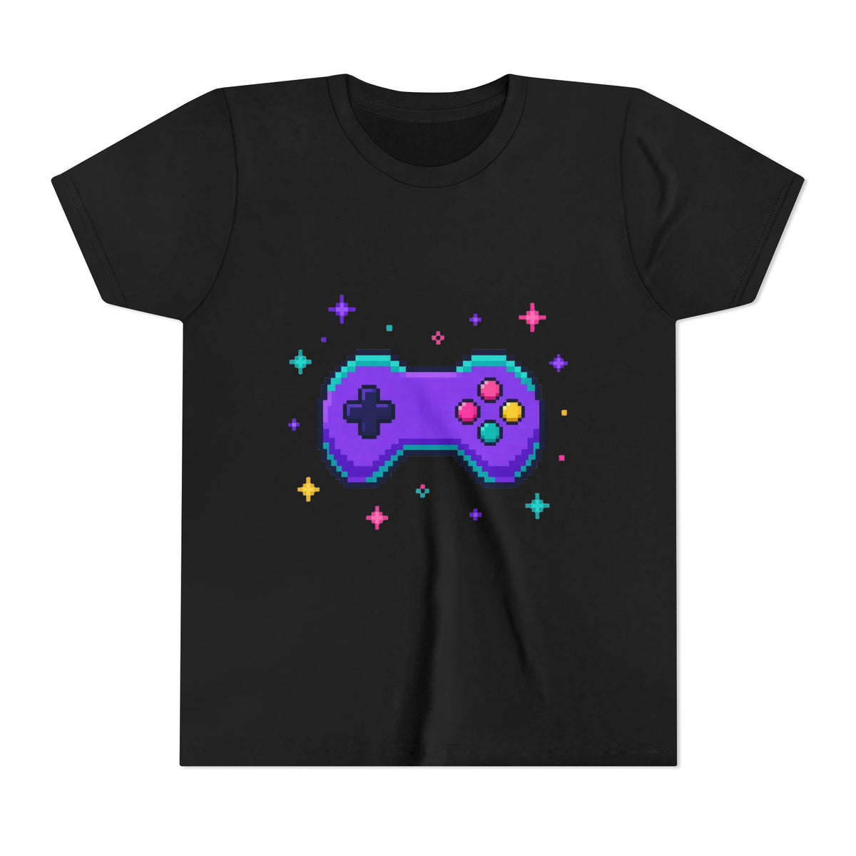 Kids graphic t-shirt in black with pixel game controller design in teal and pink