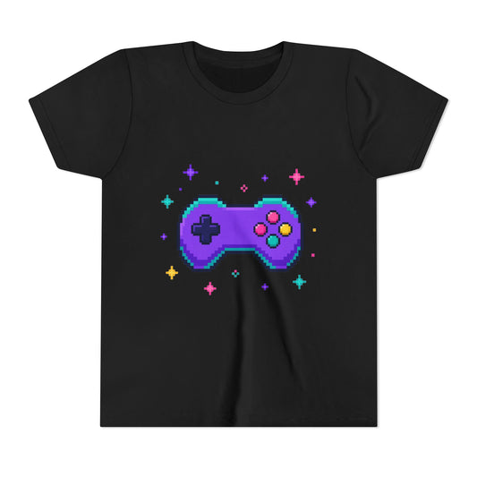 Kids graphic t-shirt in black with pixel game controller design in teal and pink