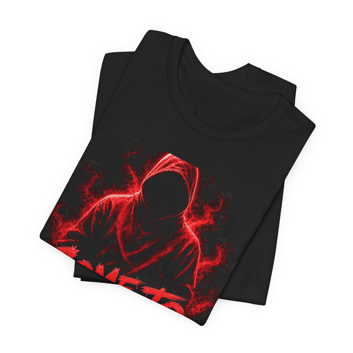 Black graphic T-shirt with red hooded figure print on stacked tees, crew neck