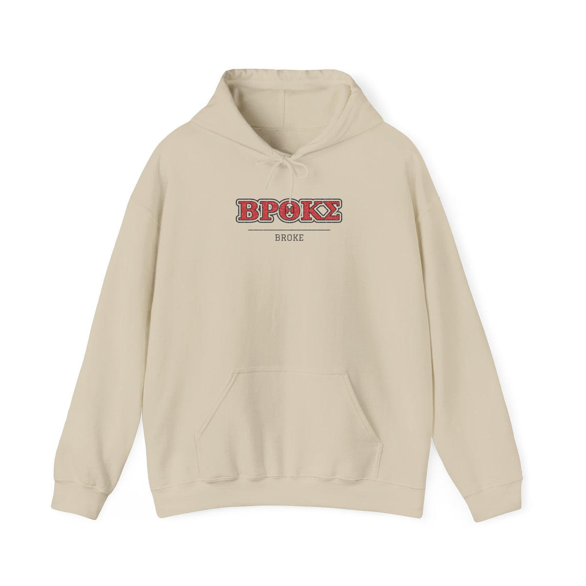 Beige pullover hoodie with front "BPOKS" graphic and kangaroo pocket
