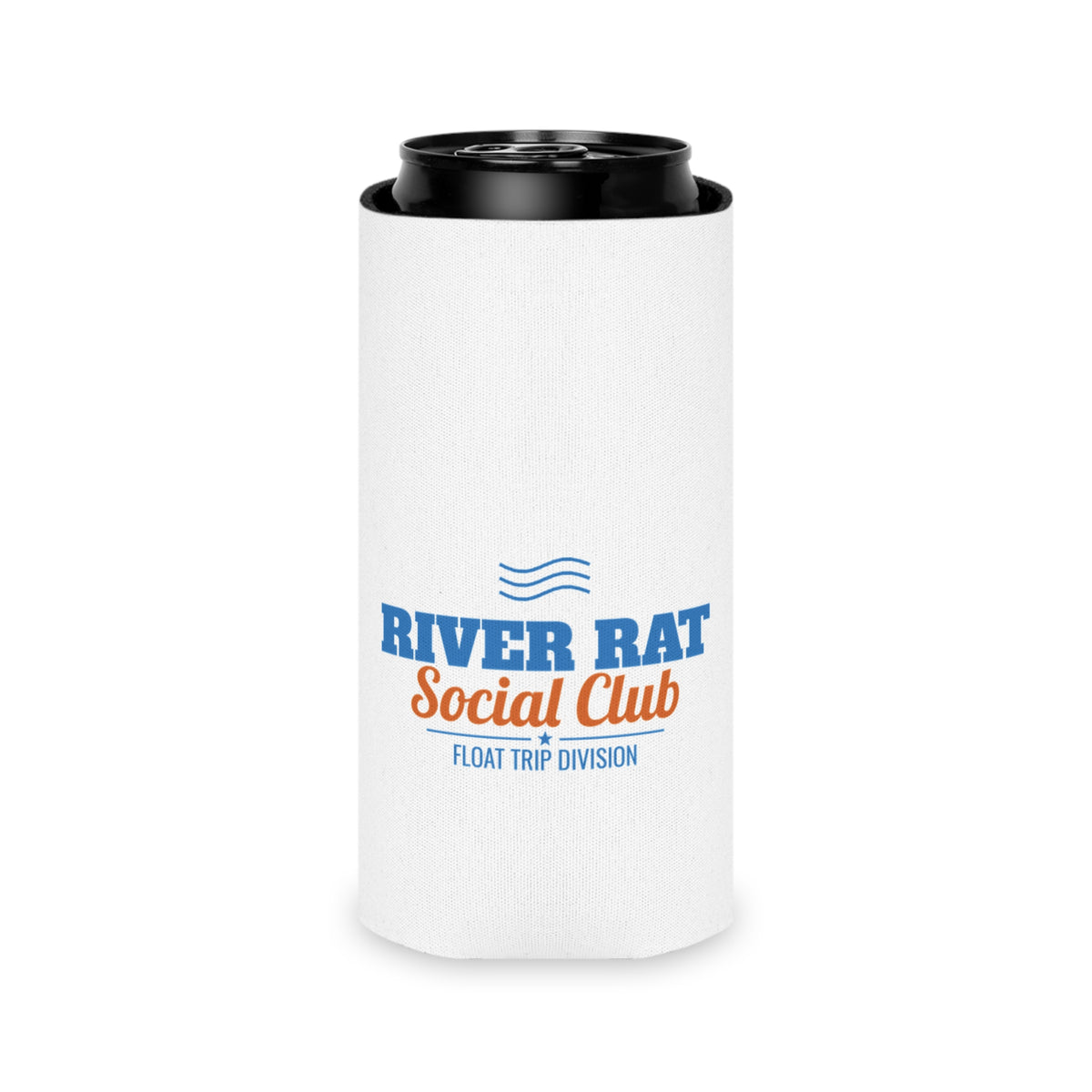 White can koozie with River Rat Social Club logo; fits a can with black top