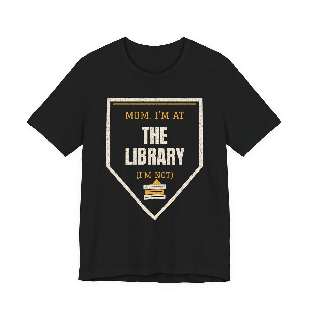 Black graphic t-shirt with triangular "I'm at the library" text print
