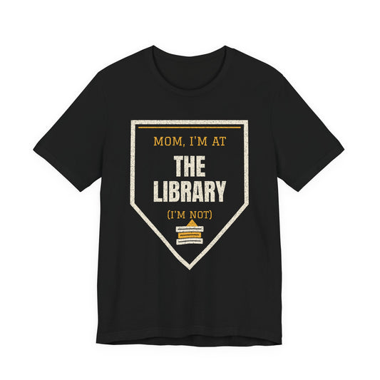 Black graphic t-shirt with triangular "I'm at the library" text print