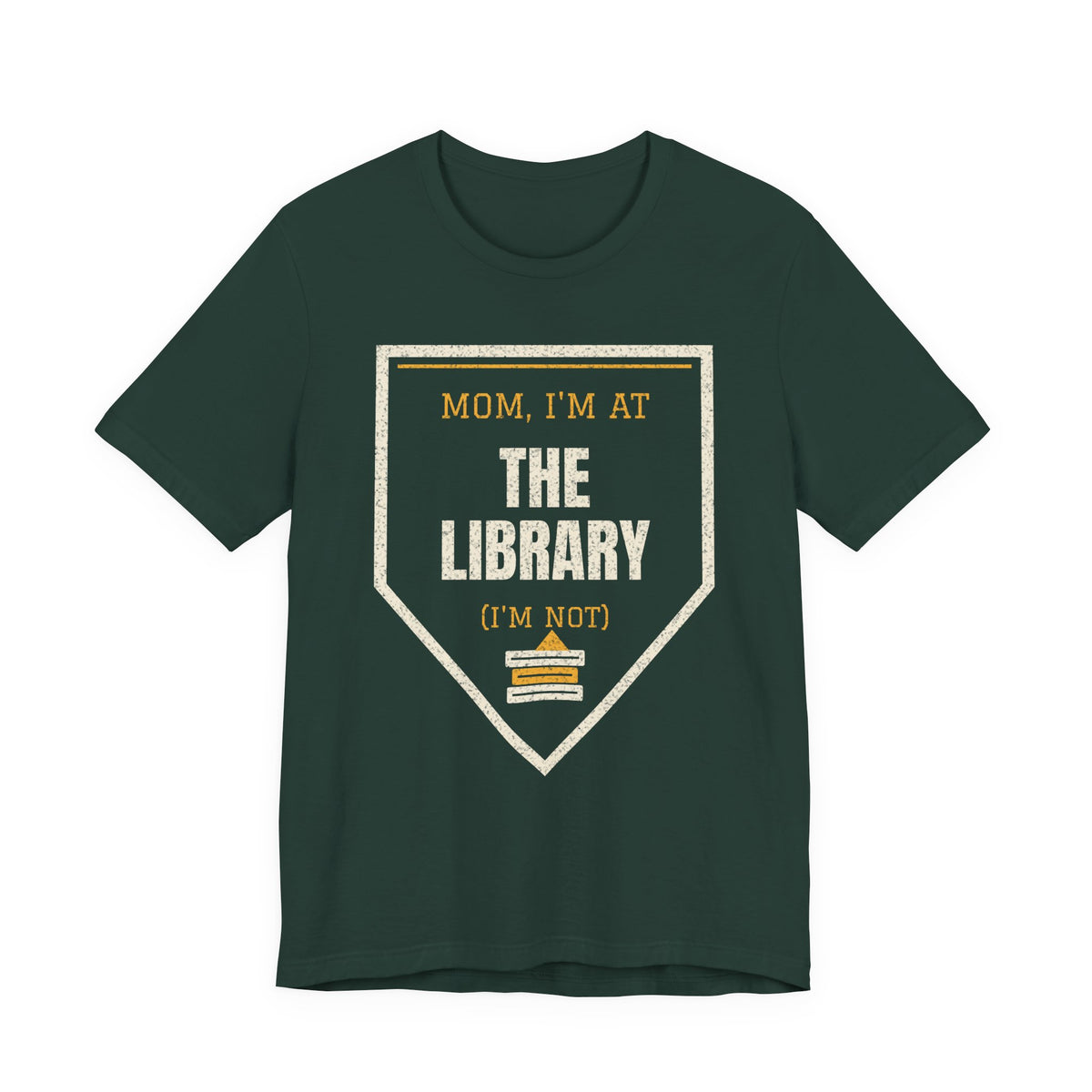 Forest green graphic t-shirt with triangular "I'm at the library" text print