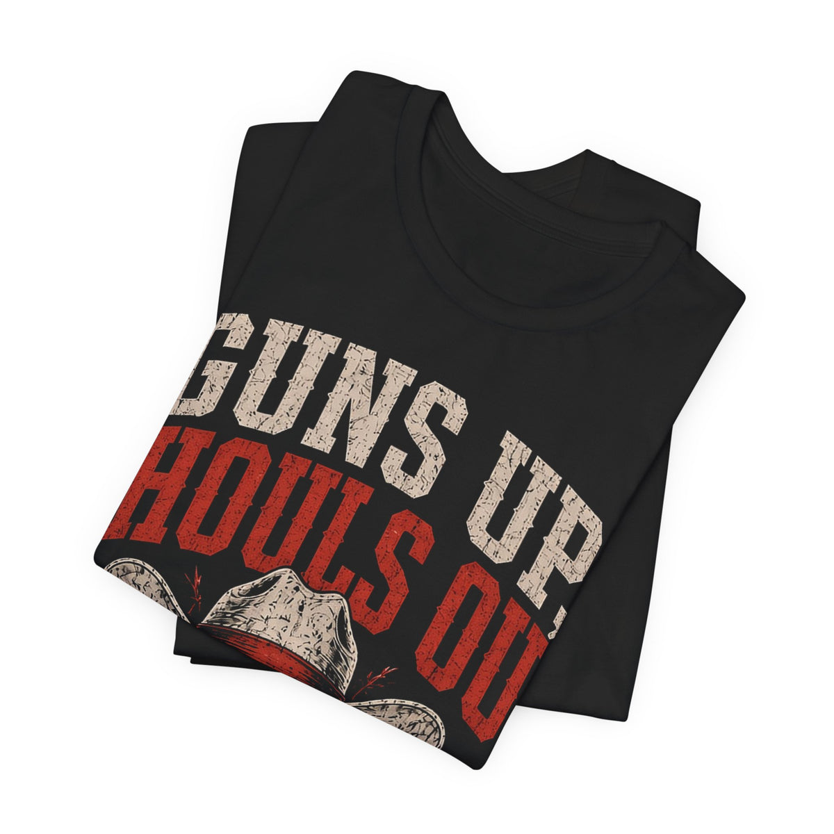 Black graphic tee, folded, showing large “GUNS UP” and “GHOULS OUT” lettering