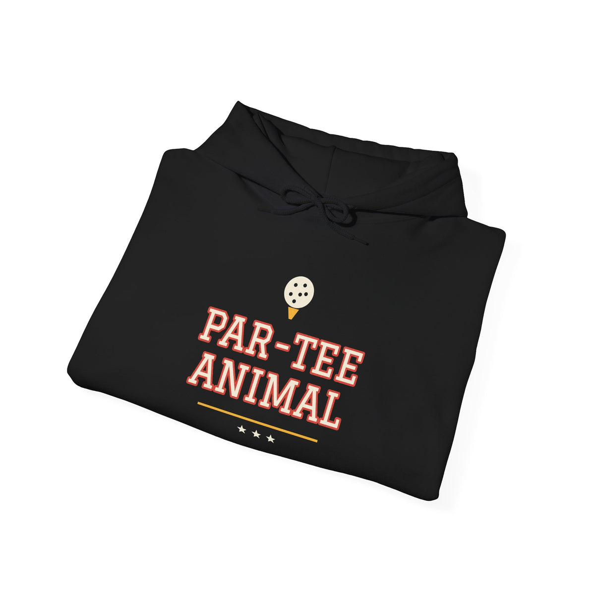 Black pullover hoodie with drawstring hood and “PAR-TEE ANIMAL” front graphic.