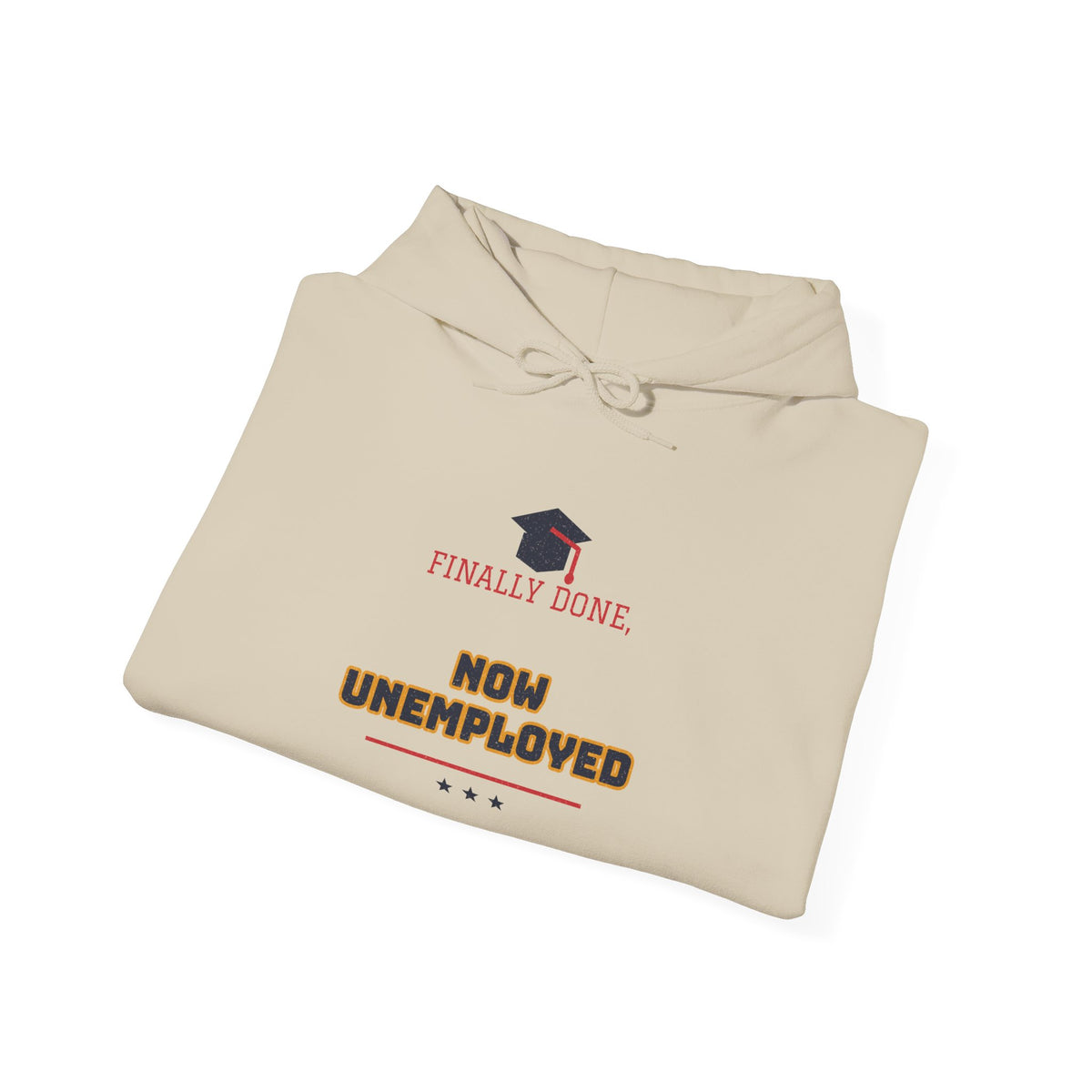 Sand beige hoodie folded flat, front slogan print with drawstring hood