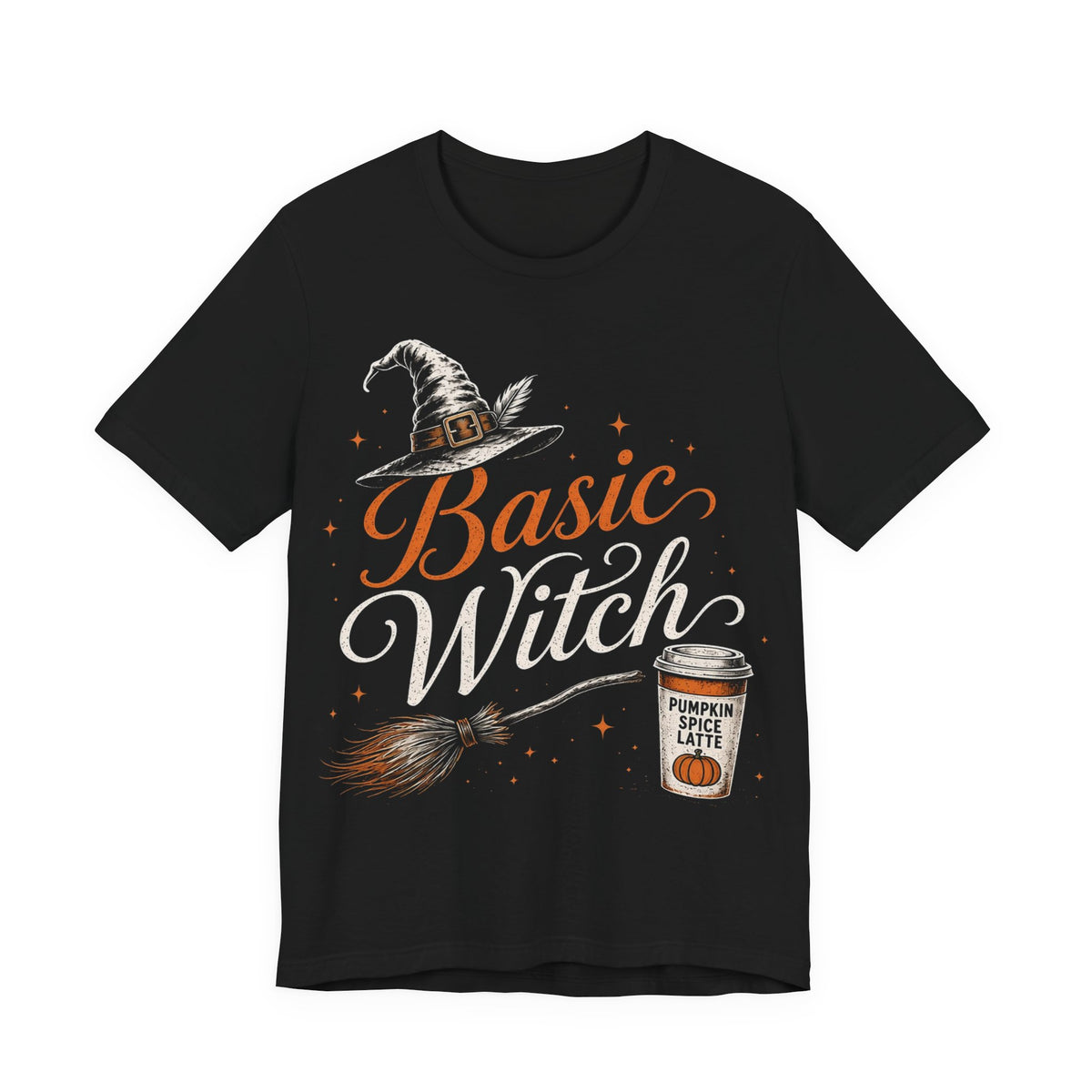 Black crew-neck witch graphic tee with Basic Witch text and broom, pumpkin spice drink