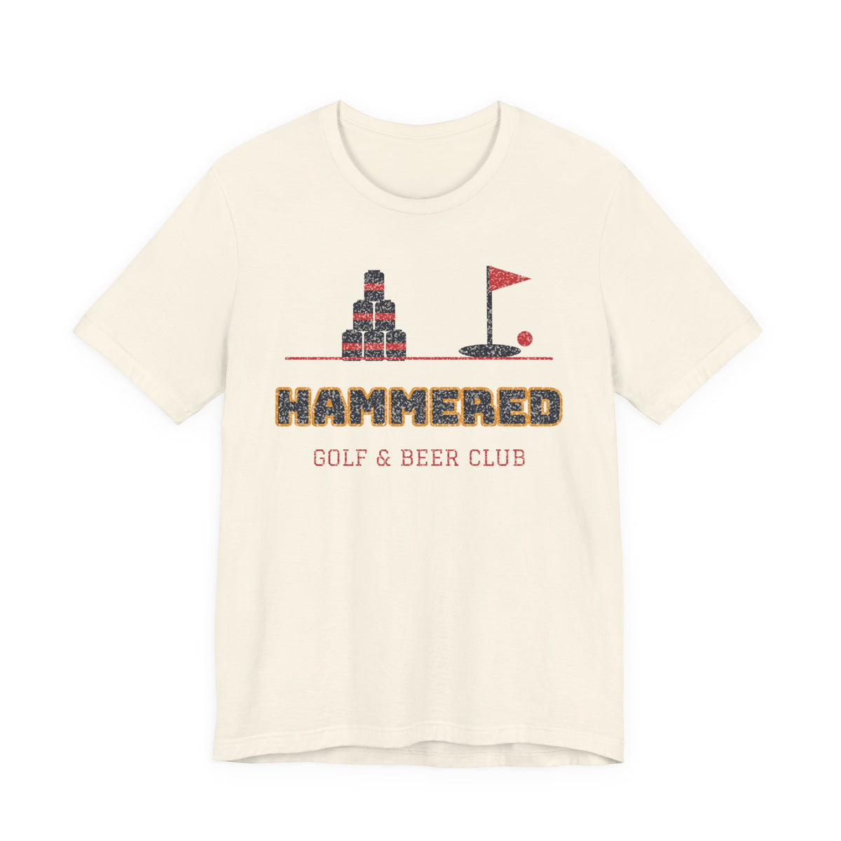 Natural cream crewneck T-shirt with 'HAMMERED' golf & beer club graphic