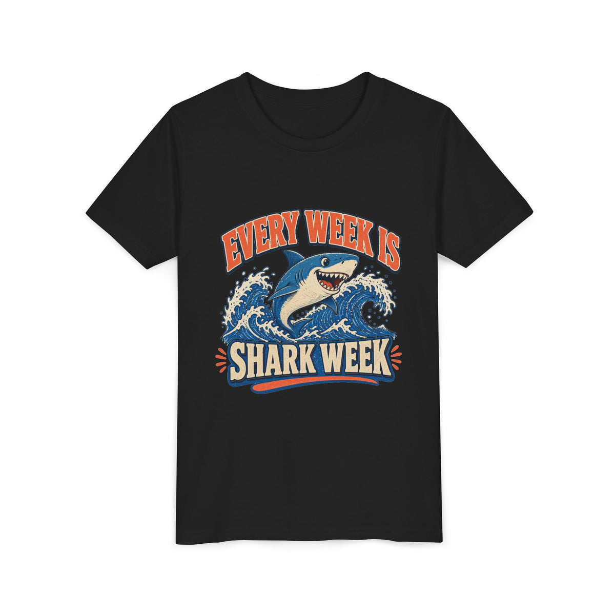 Kids short-sleeve tee, black, crew neck, “Every Week Is Shark Week” graphic.