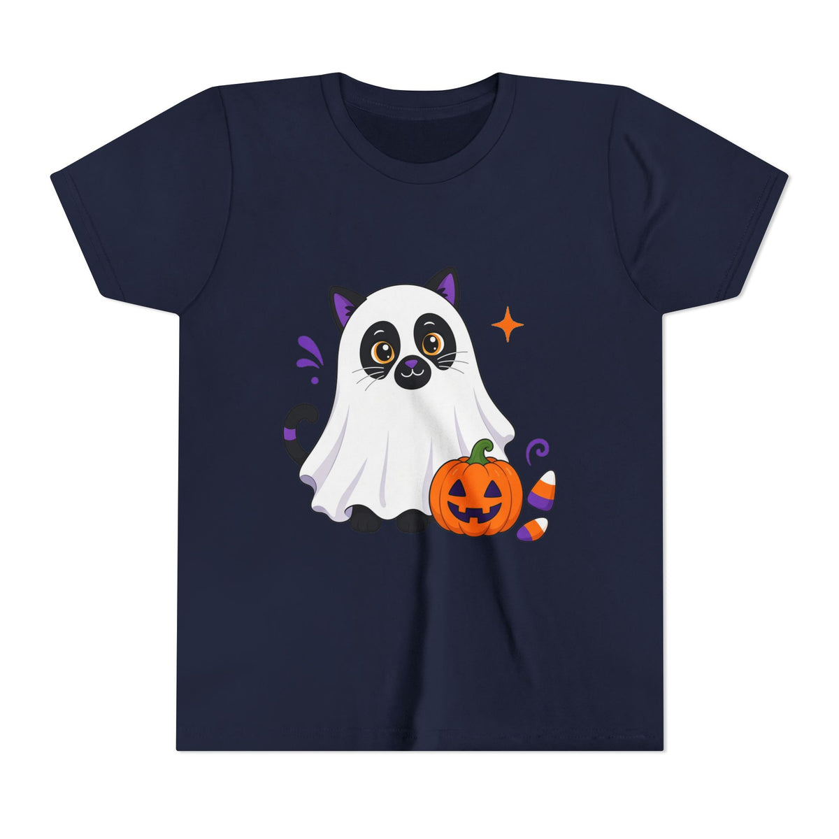 Kids navy Halloween graphic tee with ghost cat holding a jack-o'-lantern pumpkin