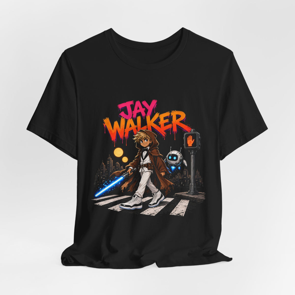 Black graphic T-shirt with large front scene: character, robot, and colorful neon text