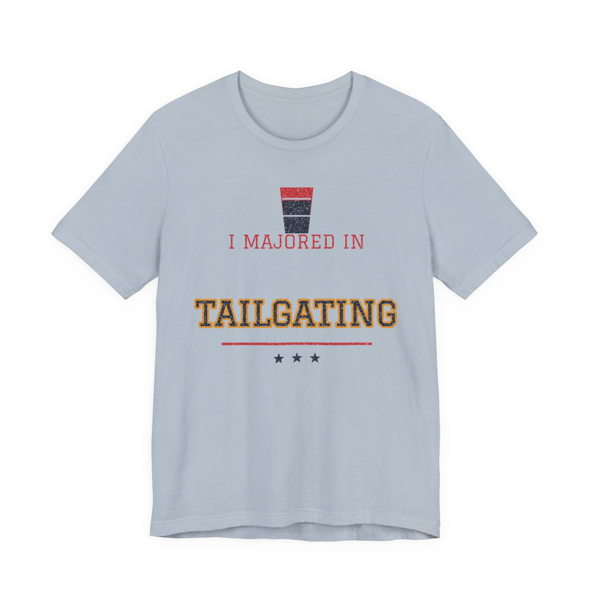 Light blue graphic T-shirt with “I majored in Tailgating” print