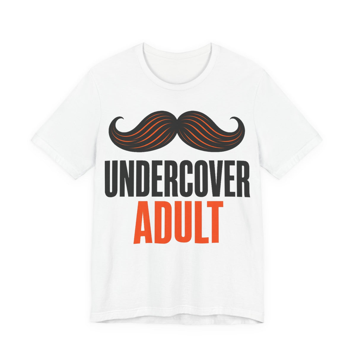 White adult graphic t-shirt with curled mustaches and 'UNDERCOVER ADULT' print