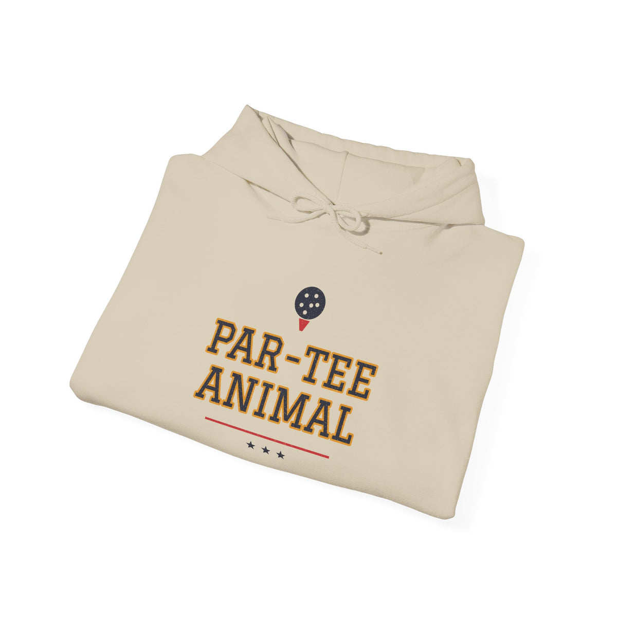 Light beige pullover hoodie with drawstring hood and “PAR-TEE ANIMAL” front graphic.
