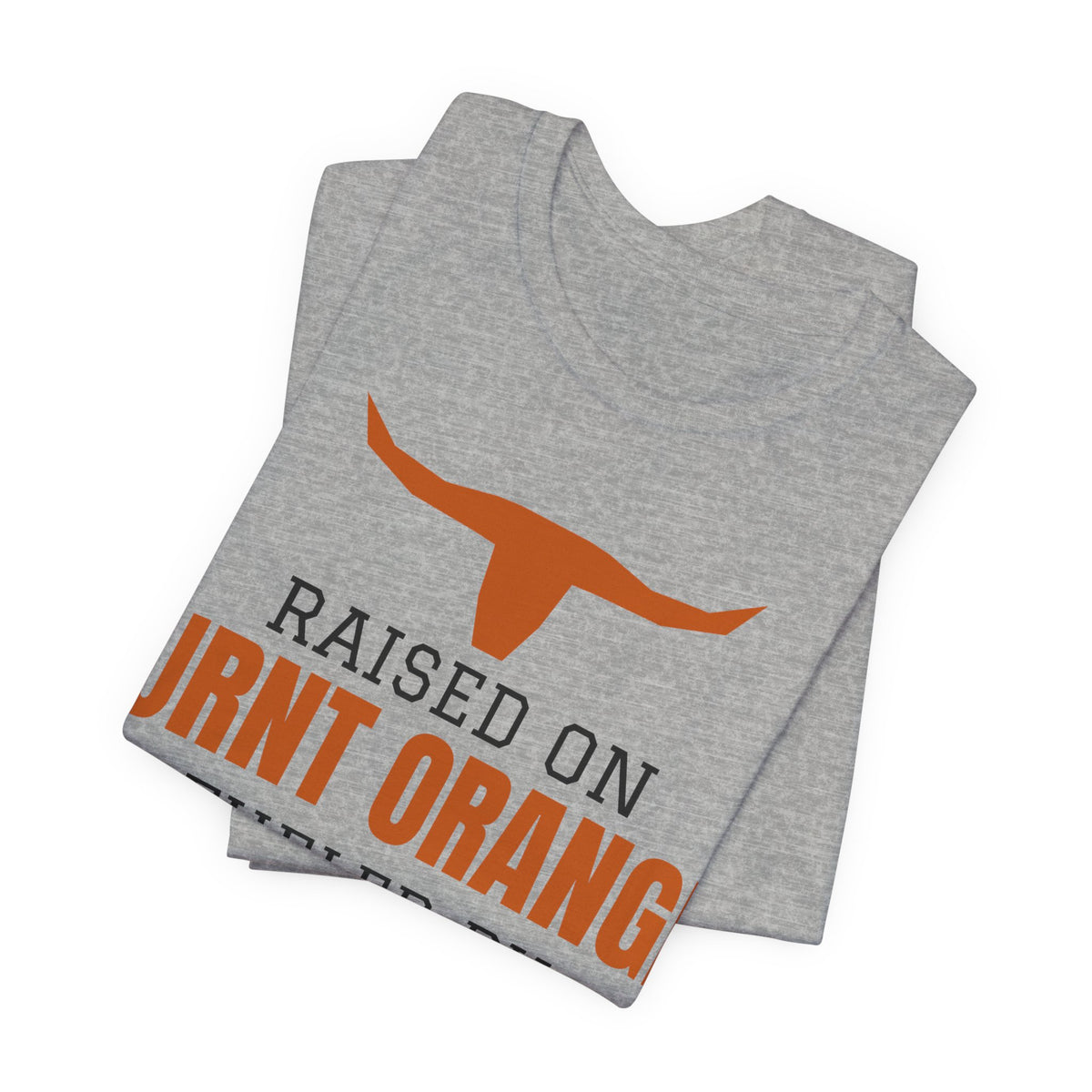 Heather gray folded crewneck T-shirt with orange longhorn and front slogan graphic