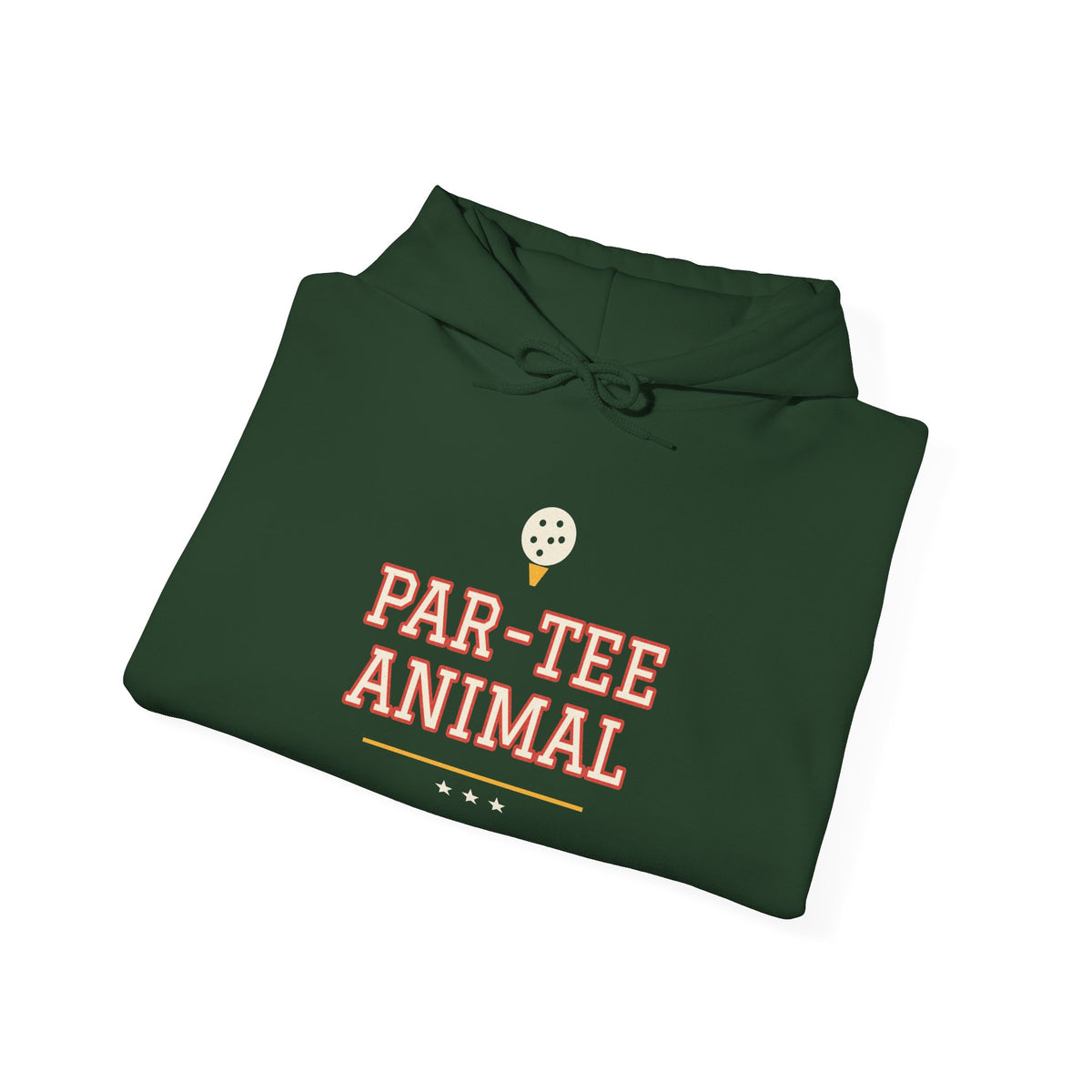 Forest green hoodie with "PAR-TEE ANIMAL" graphic and drawstring hood