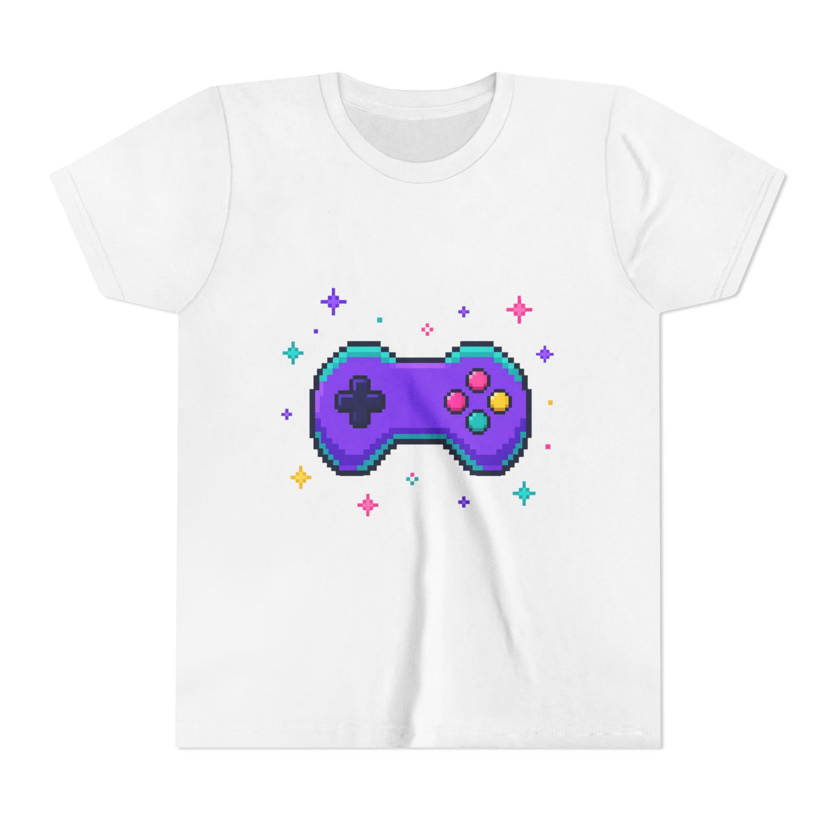 Kids graphic t-shirt in white with pixel game controller design in blue and purple