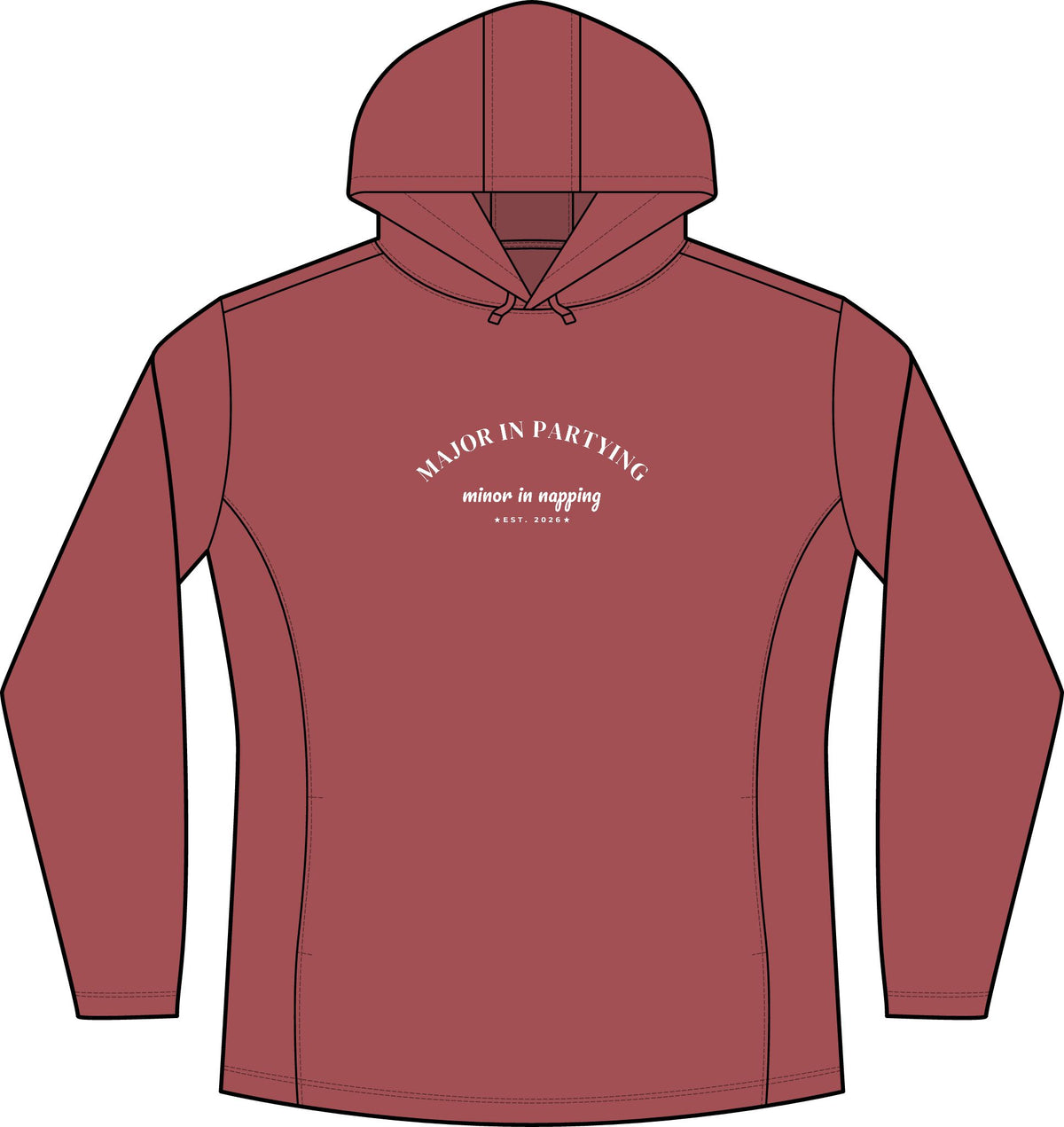 Women's deep red heather hoodie with front pocket and chest graphic text