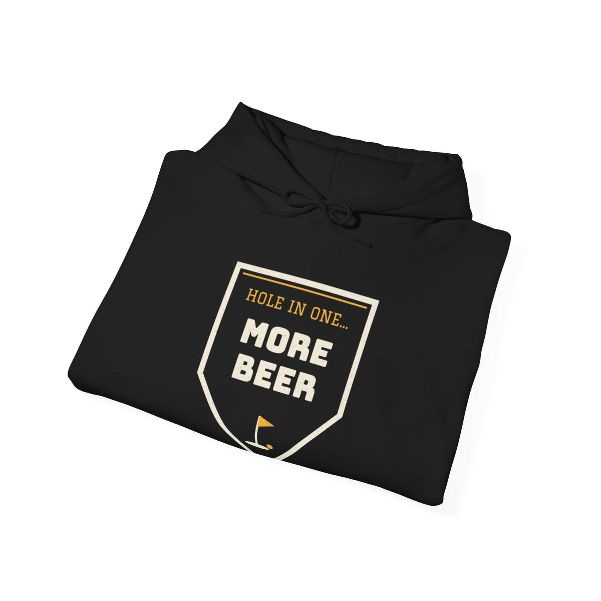 Black hoodie with front pocket and “MORE BEER” shield graphic