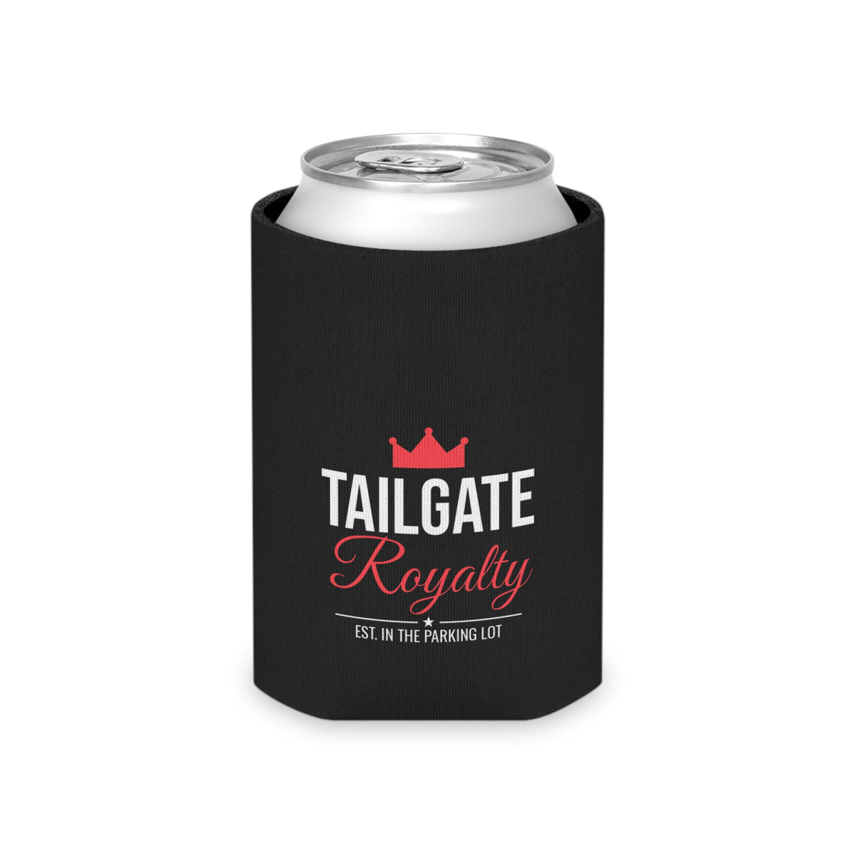 Black can cooler koozie with Tailgate Royalty logo on front panel