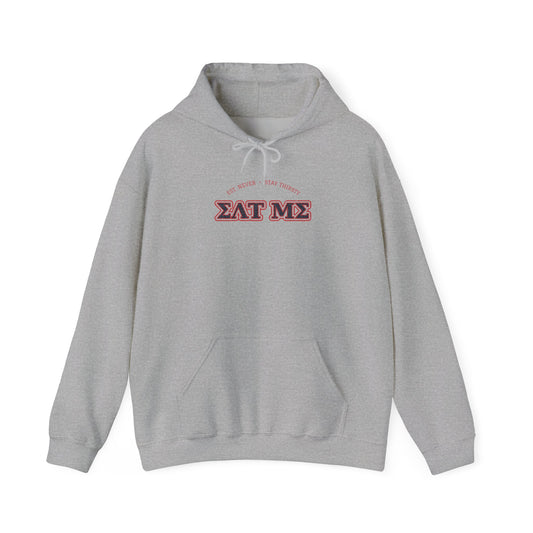 Light gray pullover hoodie with hood drawstrings, kangaroo pocket, and chest graphic