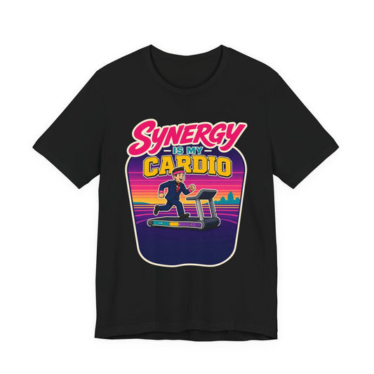 Black crewneck T-shirt with colorful “cardio” treadmill workout graphic on chest