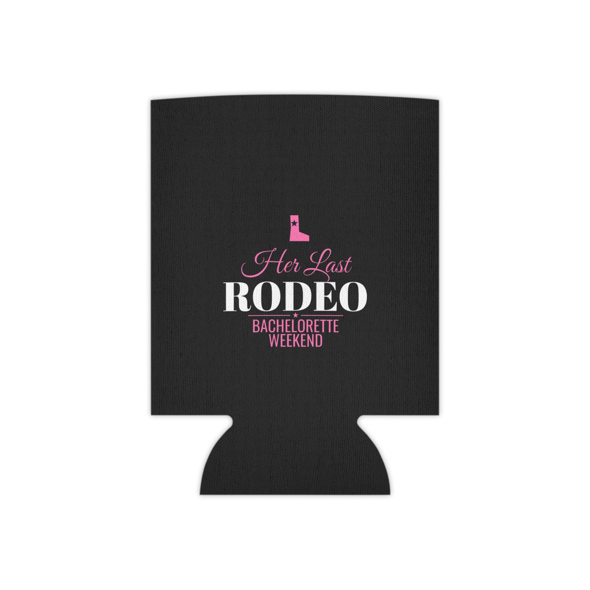Black can cooler with 'Her Last RODEO' bachelorette weekend lettering and pink boot