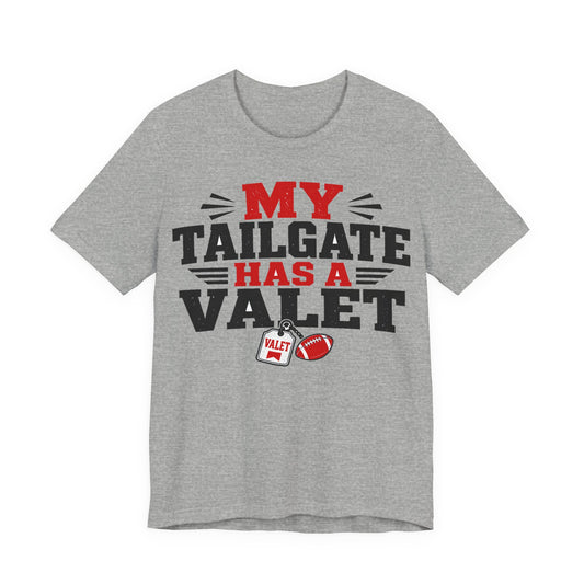 Heather gray crew-neck T-shirt with 'MY TAILGATE HAS A VALET' graphic and football