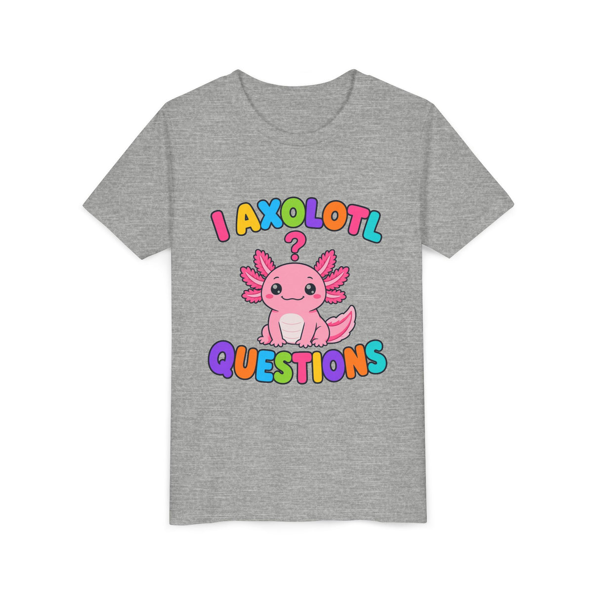 Kids athletic heather T-shirt with pink axolotl graphic and 'Axolotl Questions' text