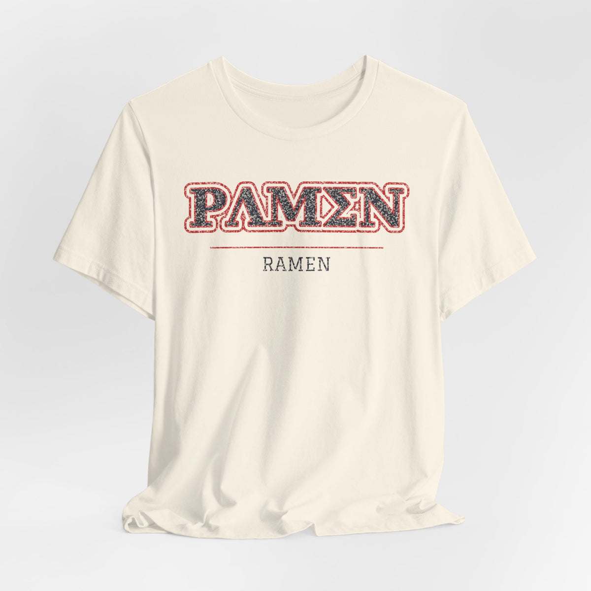 T-shirt with fake Greek-style Ramen graphic on a cream front