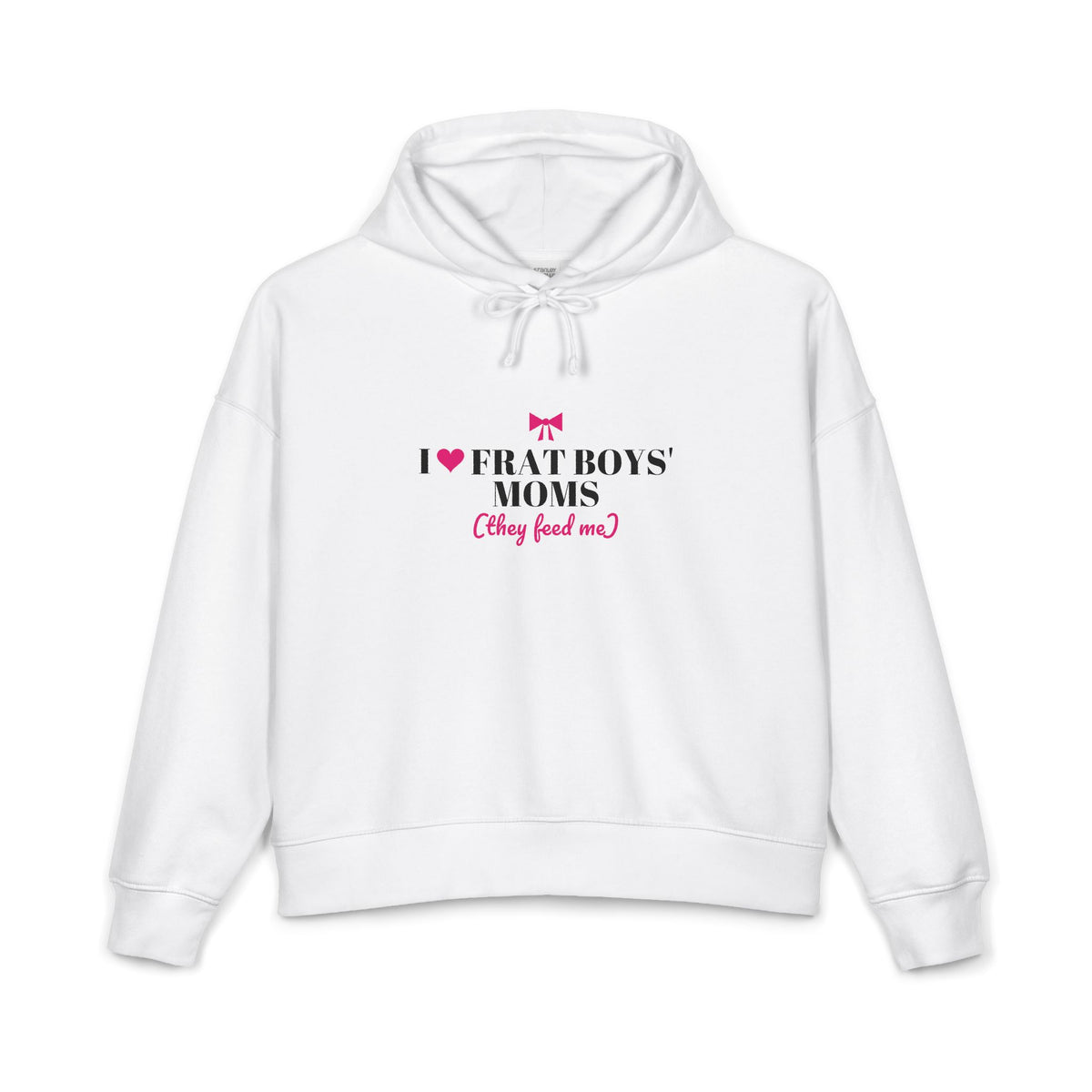 Women's white pullover hoodie with front graphic and drawstring hood